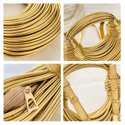 Handbags for Women 2025 New Gold Luxury Designer Brand Handwoven Noodle Bags Rope Knotted Pulled Hobo Silver Evening Clutch Chic - BeeTrendyShop.COM