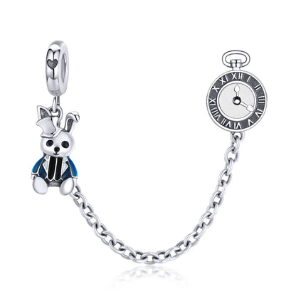 925 Sterling Silver Safety Chain Charm – Heart, Key & Flower CZ Stopper Bead
