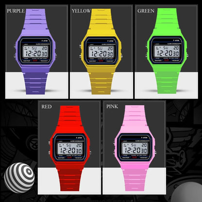 Five digital watches in different colors with a black background