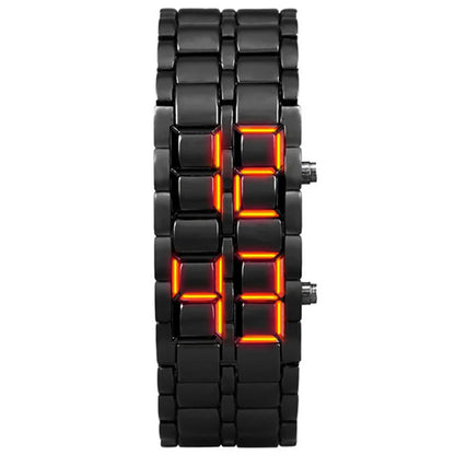 Black digital watch with orange LED display on a white background
