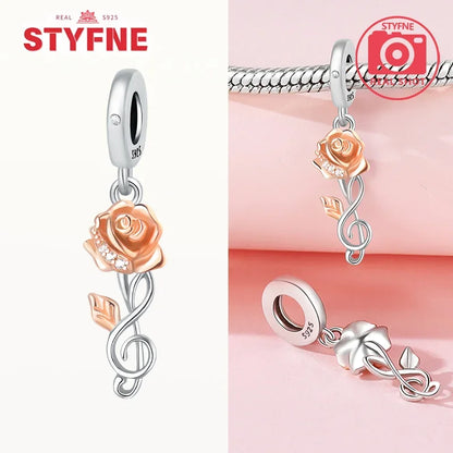 925 Sterling Silver Rose Pink Flower Zircon Charm Bead – DIY Jewelry Gift