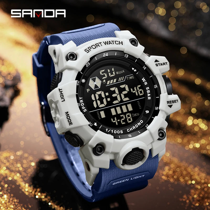 Digital sports watch with blue and white design on a glittery background