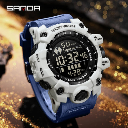 Digital sports watch with blue and white design on a glittery background