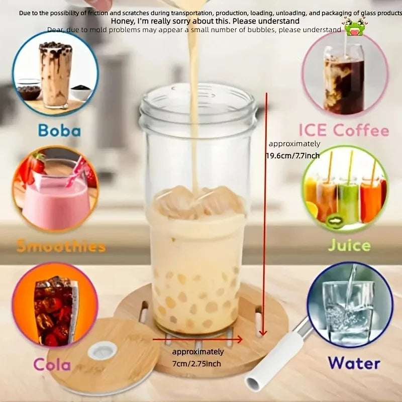 750ML Glass Cup with Wooden Lid & Straw – Bubble Tea Coffee Water Bottle