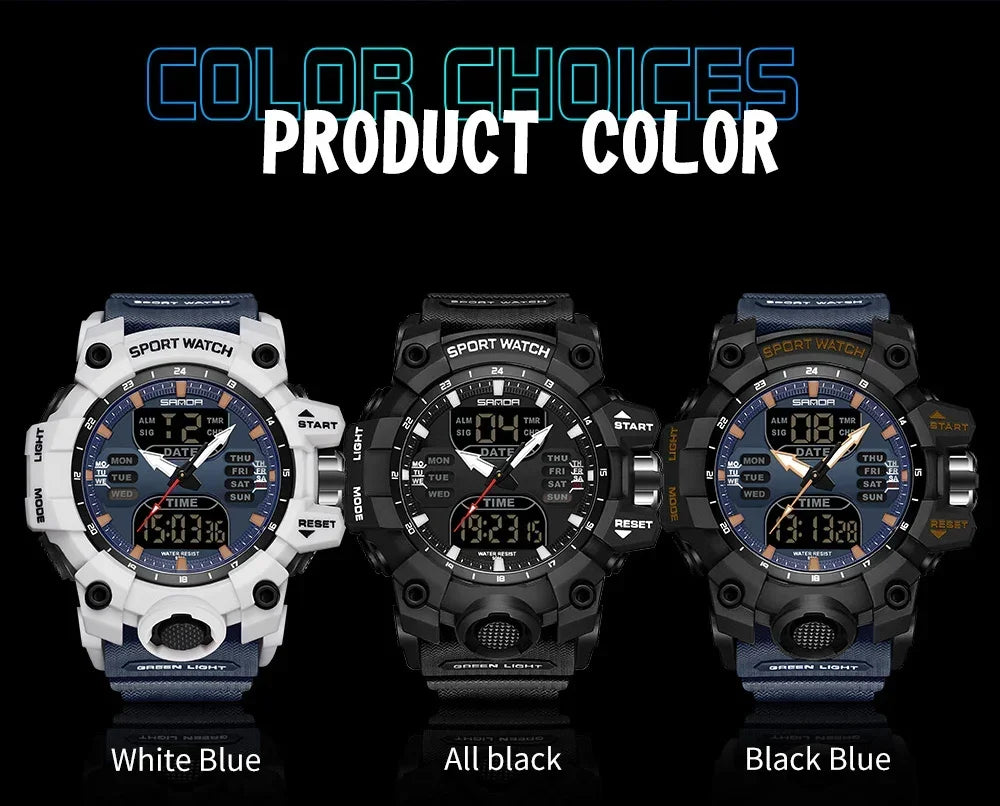 SANDA 6126  Digital Clock Dual Display Men Watches Waterproof Sports Watch Military Man Alarm Stopwatch Quartz Wristwatch Male