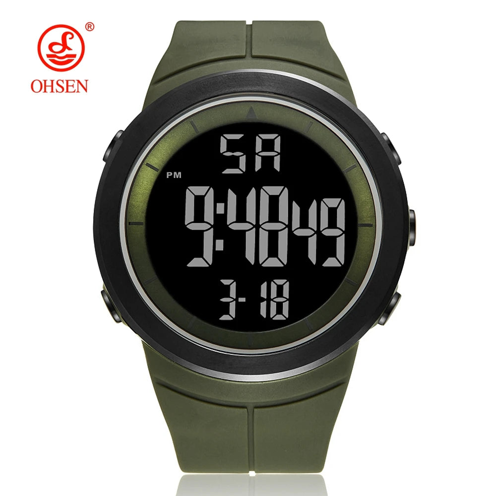 Green digital watch with black screen on a white background, featuring the OHSEN brand.