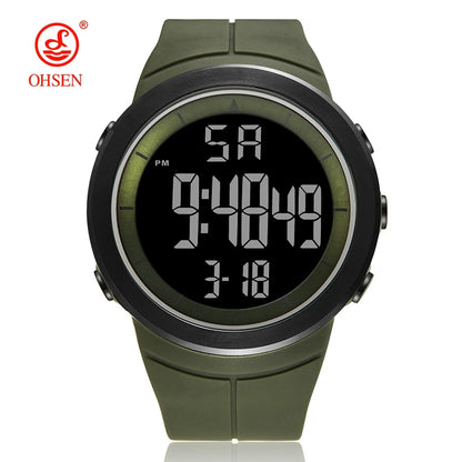 Green digital watch with black screen on a white background, featuring the OHSEN brand.