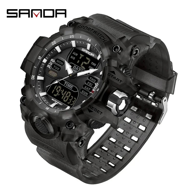 SANDA 6126  Digital Clock Dual Display Men Watches Waterproof Sports Watch Military Man Alarm Stopwatch Quartz Wristwatch Male