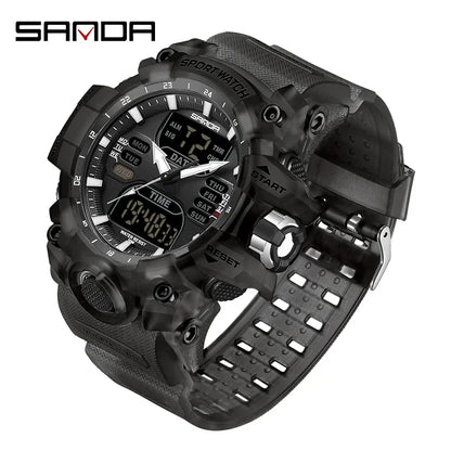 Black sports watch with digital and analog display on a white background, featuring the brand 'SANDA'.