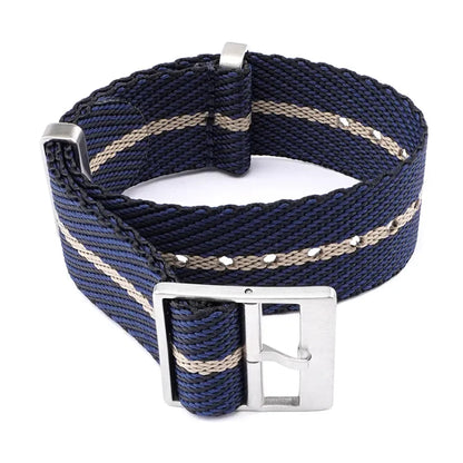 Navy blue watch strap with beige stripes and silver buckle on a white background