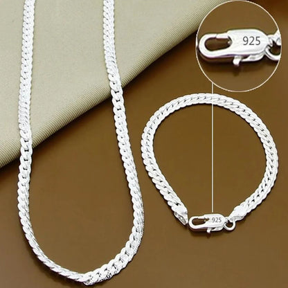 925 Sterling Silver 6mm Side Chain Necklace & Bracelet Set – Unisex Fine Jewelry