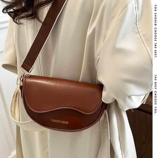Women Vintage Solid Color Flap Small Saddle Shoulder Underarm Bag Fashion PU Leather Wide Strap Crossbody Bag Shoulder bag zwq