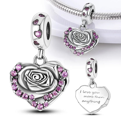 925 Sterling Silver Rose Pink Flower Zircon Charm Bead – DIY Jewelry Gift