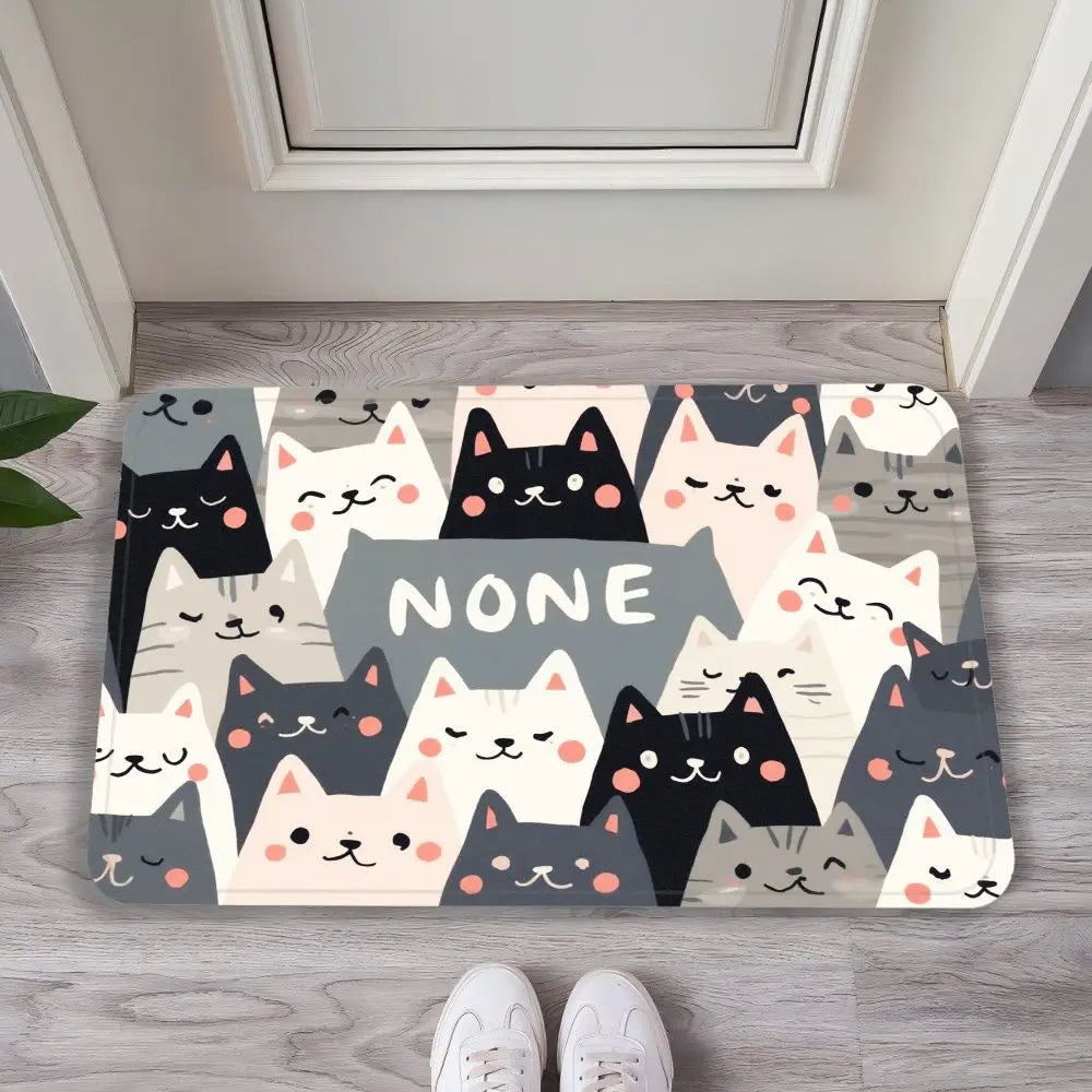 Doormat with cat designs and 'NONE' text on a wooden floor.