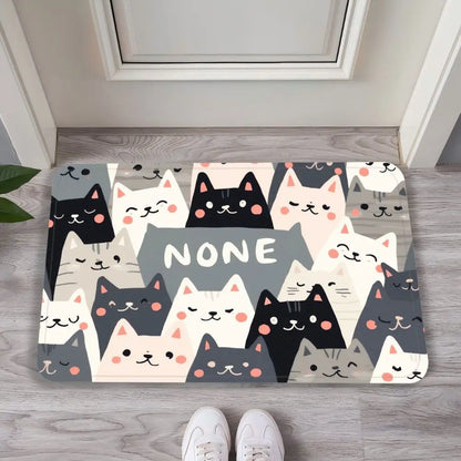 Doormat with cat designs and 'NONE' text on a wooden floor.