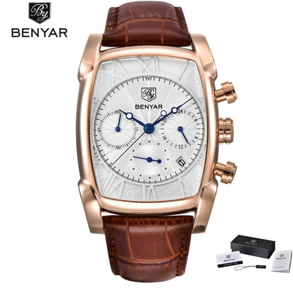 Relogio Masculino Mens Watches Top Luxury Brand BENYAR Chronograph Leather Quartz Watch Men Military Sport Rectangle Wristwatch - BeeTrendyShop.COM