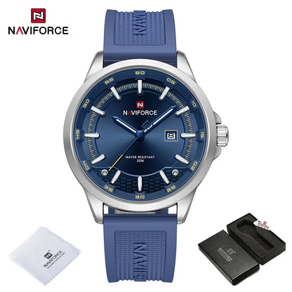 Naviforce watch with blue strap and blue face, including packaging and cloth on a white background.