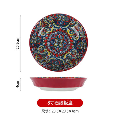 8-Inch Bohemian Ceramic Steak & Dinner Plate – Vintage Floral Dinnerware for Home & Restaurant