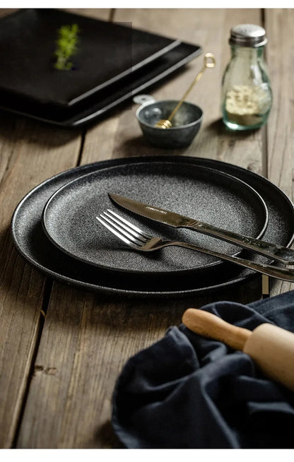 Japanese-Style Black Ceramic Plate Set – Steak & Western Food Dinnerware for Home & Kitchen