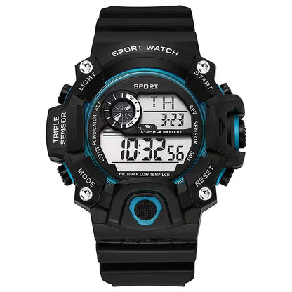 Black and blue digital sport watch on a white background