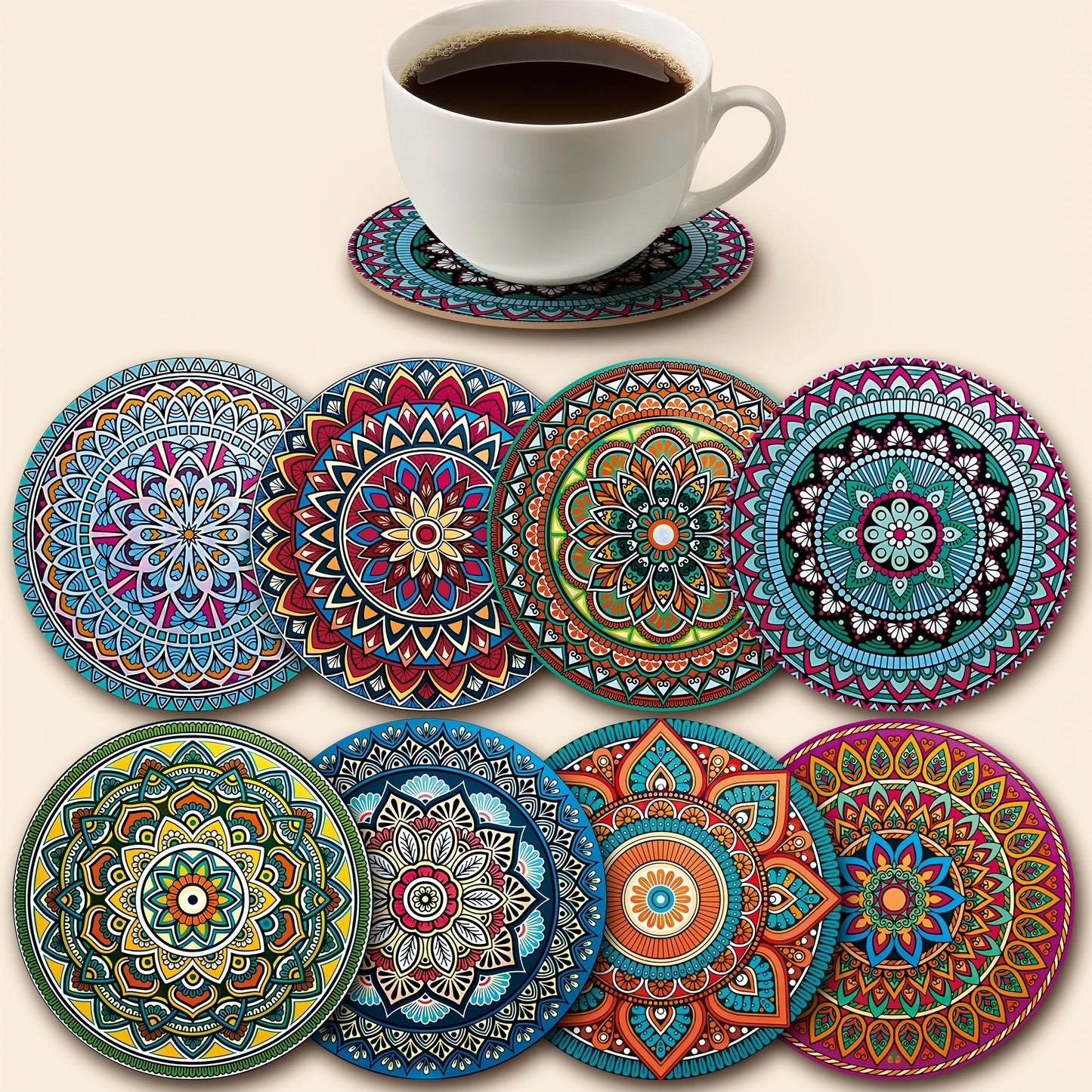 Wooden Mandala Coasters Set – 8pcs Decorative Heat-Resistant Table Coasters for Home, Office & Bar
