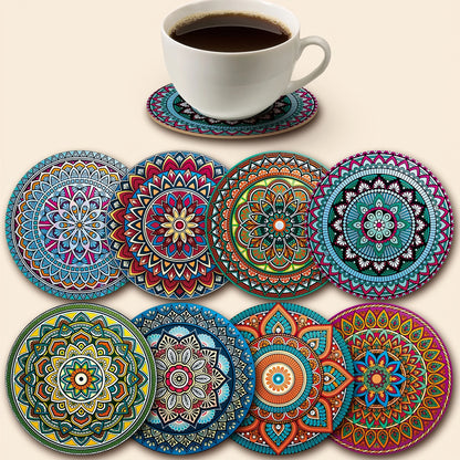 Wooden Mandala Coasters Set – 8pcs Decorative Heat-Resistant Table Coasters for Home, Office & Bar