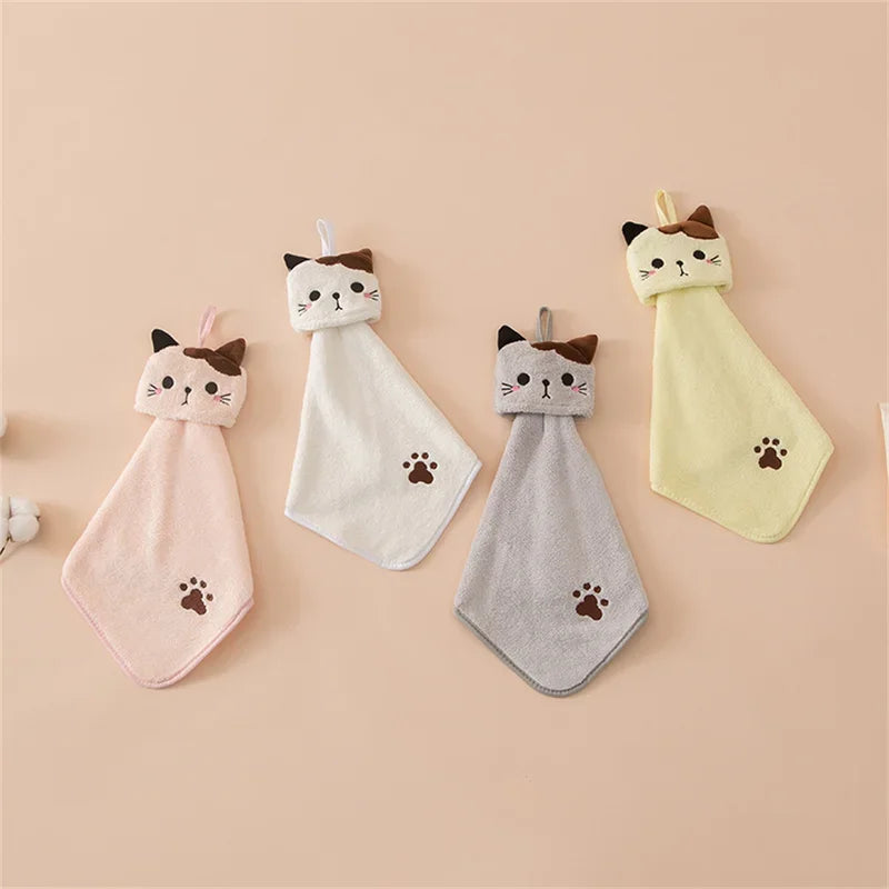 Cute Cat Coral Velvet Hand Towel – Soft Absorbent Hanging Towel for Kitchen & Bathroom