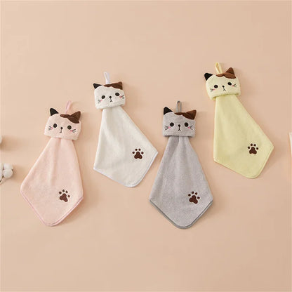 Cute Cat Coral Velvet Hand Towel – Soft Absorbent Hanging Towel for Kitchen & Bathroom