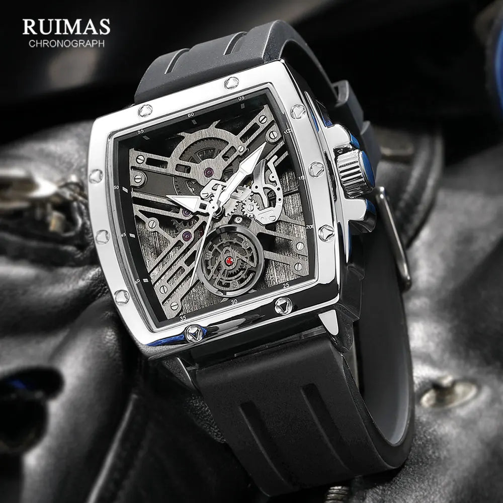 Luxury watch with intricate design on a textured surface, featuring the brand 'RUIMAS'.