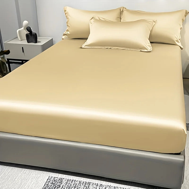 Modern Satin Ice Silk Solid Color Fitted Sheet – Smooth Bedroom Bedspread (Excluding Pillowcases)