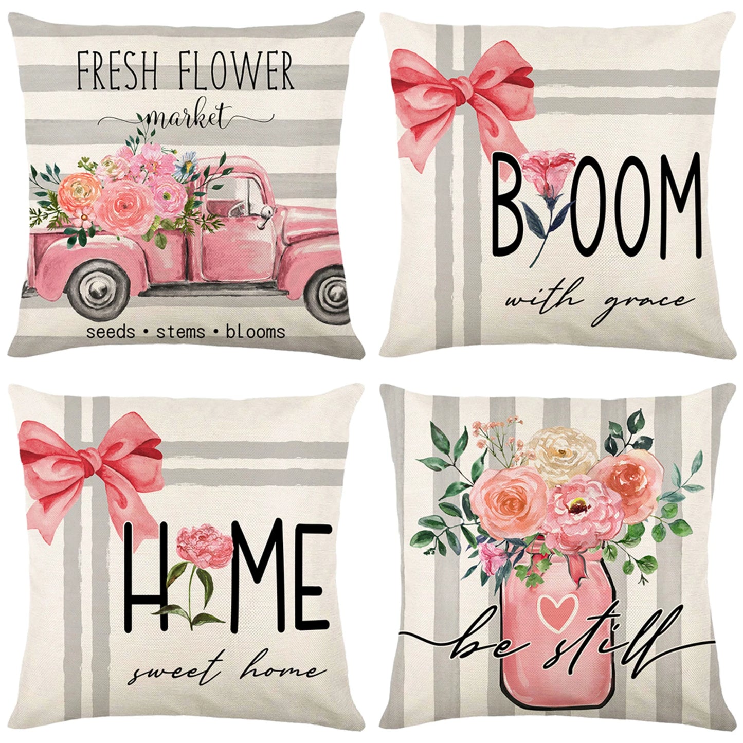 4-Piece Floral Linen Throw Pillow Cases – Square Waist Protection Cushion Covers for Sofa & Bed 45x45CM