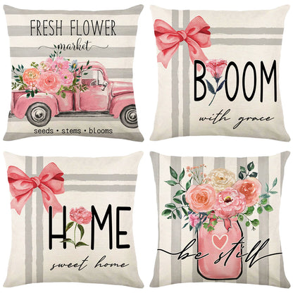 4-Piece Floral Linen Throw Pillow Cases – Square Waist Protection Cushion Covers for Sofa & Bed 45x45CM