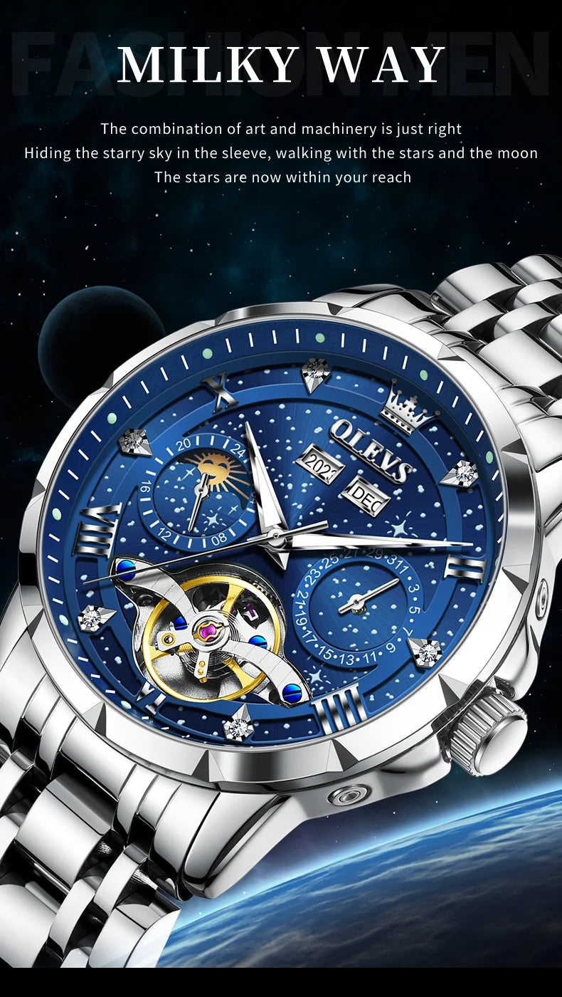 OLEVS 6689 Automatic Watch for Men Starry Sky Tourbillon Design Moon Phase Date Stainless steel Luminous Waterproof Wristwatch