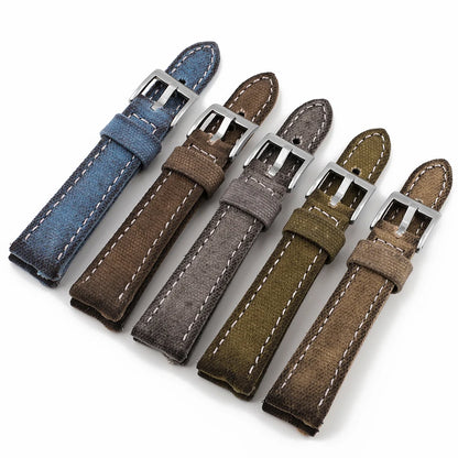 Retro Wet Wax Canvas Watch Band 18mm 19mm 20mm 21mm 22mm Gray Blue Brown Green Denim Strap Replacement Quick Release Watchbands - BeeTrendyShop.COM