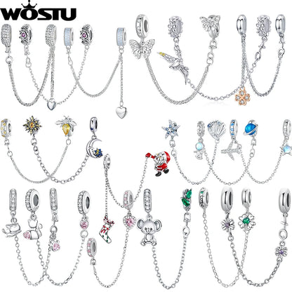 925 Sterling Silver Safety Chain Charm – Heart, Key & Flower CZ Stopper Bead
