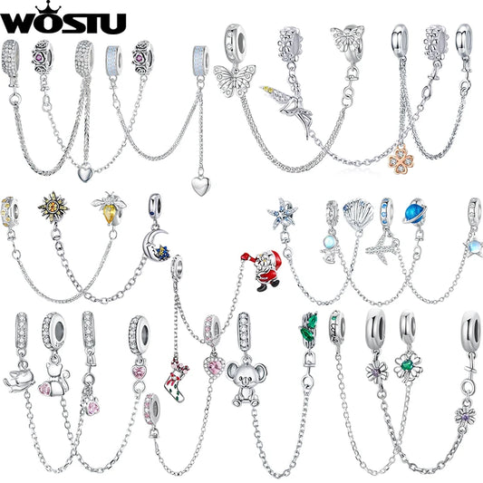WOSTU 925 Sterling Silver Amimal Safety Chain Heart Key Flower Pendant CZ Charms Stopper Fit Original Bracelet DIY Fine Jewelry