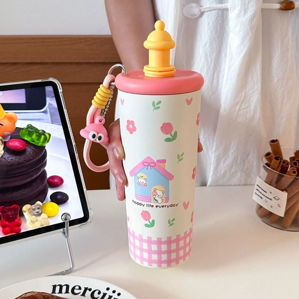 700ML Cute Thermos Bottle with Straw & Infuser – Stainless Steel Tea Cup for Women