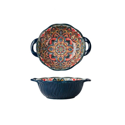 Bohemian Ceramic Tableware Set – Unique Floral Pattern Serving Plate for Home, Camping & Restaurant