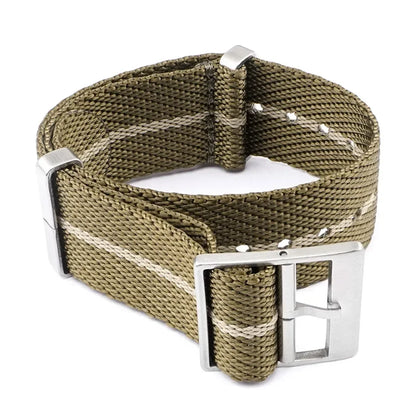 Green woven belt with silver buckle on a white background