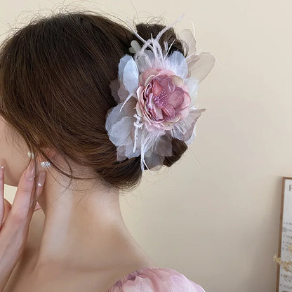 Pink Flower Hair Claw Clip – Sweet Lace Big Hairpin for Women