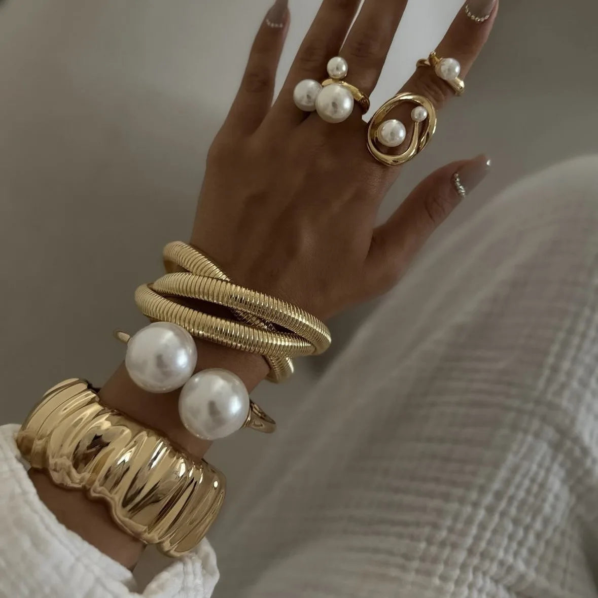 Bracelet Vintage Pearl Wide Cuff Bangles Men Hip Hop Punk Gold Silver Color Geometric
