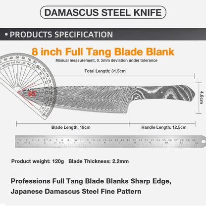 Japanese Damascus Chef Knife Blank – 8-Inch Full Tang Heat Treated DIY Knife Making Material
