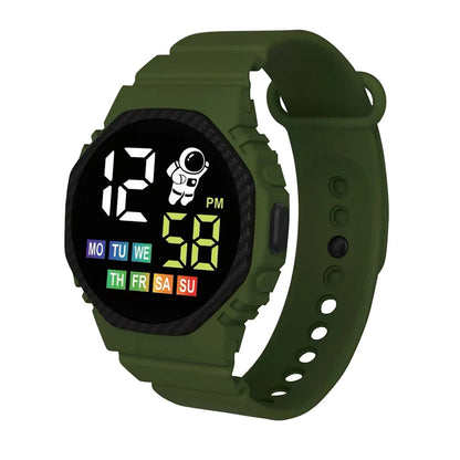 Green digital watch with a colorful display on a white background