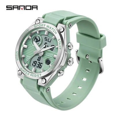 Green sports watch with digital display on a white background, featuring the brand 'SANDA'.