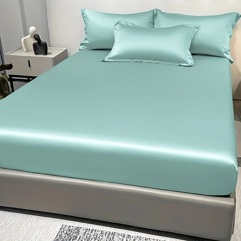 Modern Satin Ice Silk Solid Color Fitted Sheet – Smooth Bedroom Bedspread (Excluding Pillowcases)