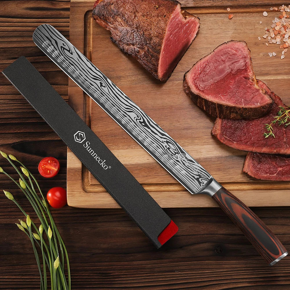 Sunnecko Chef's Brisket Slicing Knife 12" High Carbon Stainless Steel Ham Cutting Knife with Sheath Ergonomic Pakkawood Handle