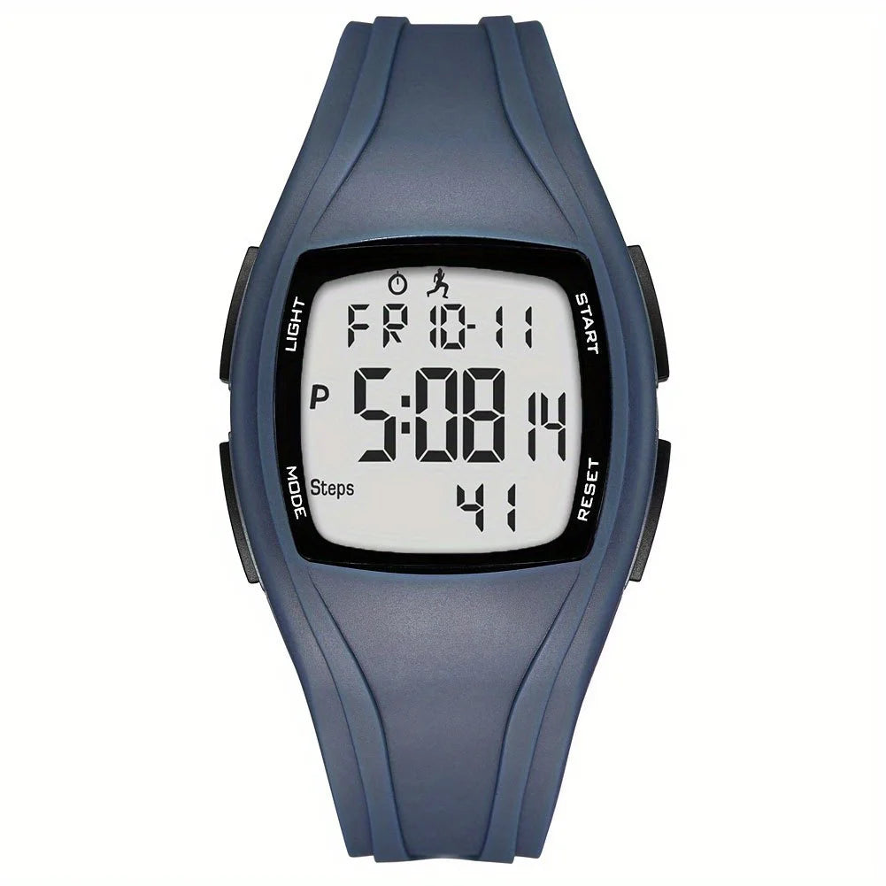 Digital watch with a blue strap on a white background
