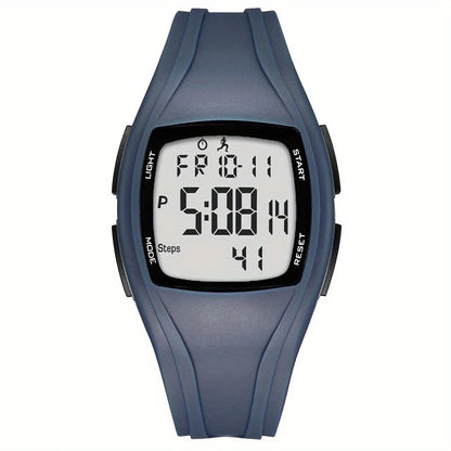 Digital watch with a blue strap on a white background