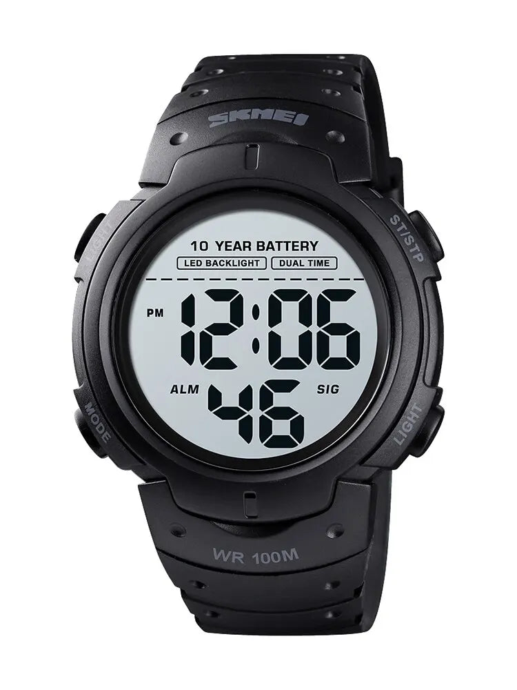 Black digital watch with LED backlit display on a white background
