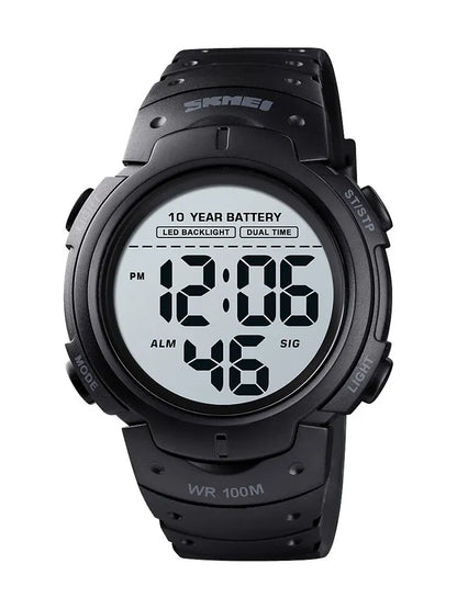 Black digital watch with LED backlit display on a white background